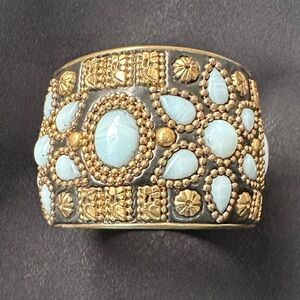 Handmade Artisan Brass Floral Bracelet Ornamental Beads Black Resin Cuff Bangle